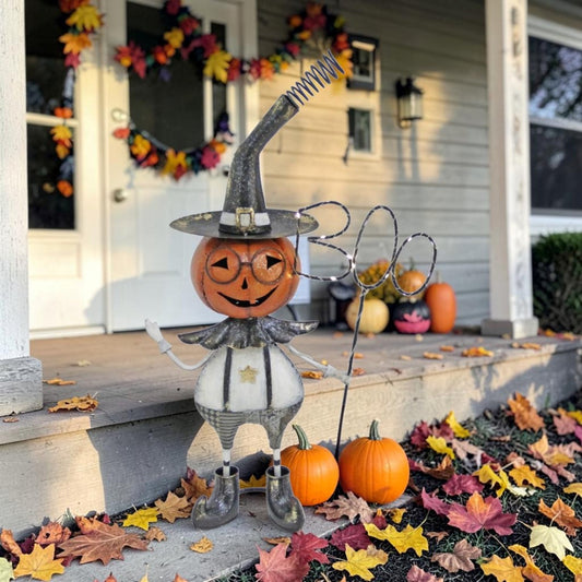 A decorative Halloween yard figure made from scrap metal and a pumpkin head stands on a front porch surrounded by autumn leaves and small pumpkins. The figure wears a pointed witch hat and holds a coiled wire tool, with a house and fall garland in the background.