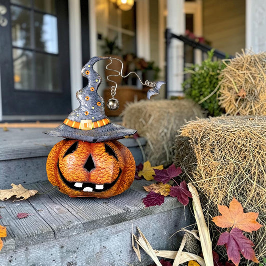 A decorative jack-o'-lantern pumpkin sits on a porch step beside hay bales and autumn leaves. The pumpkin wears a pointed witch hat with orange stars and a silver bell hanging from the brim.