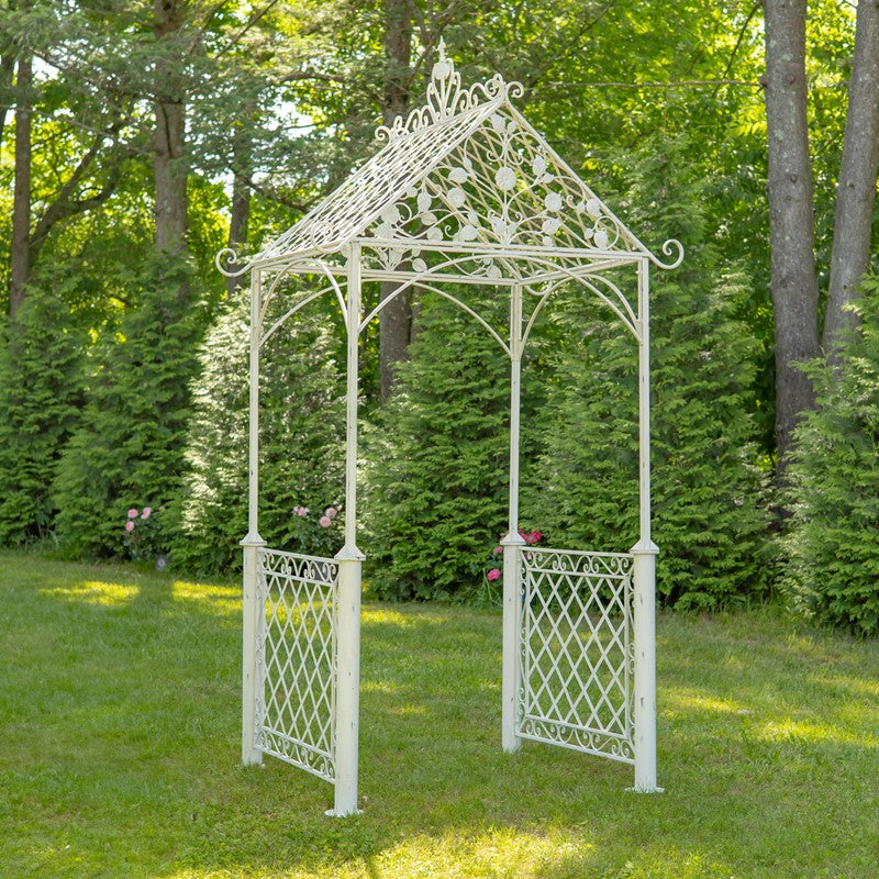9.5 Ft Iron Garden Arch with Trellis Side Walls – Antique White "London 1820"