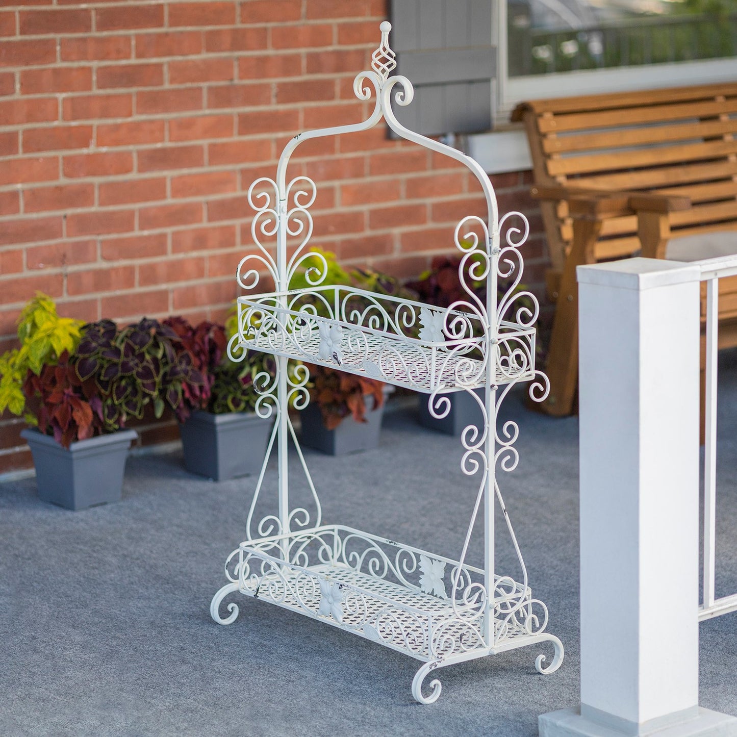 Two-Tier Antique White Metal Plant Stand "Paris 1968" – Decorative Indoor & Outdoor Display Shelf