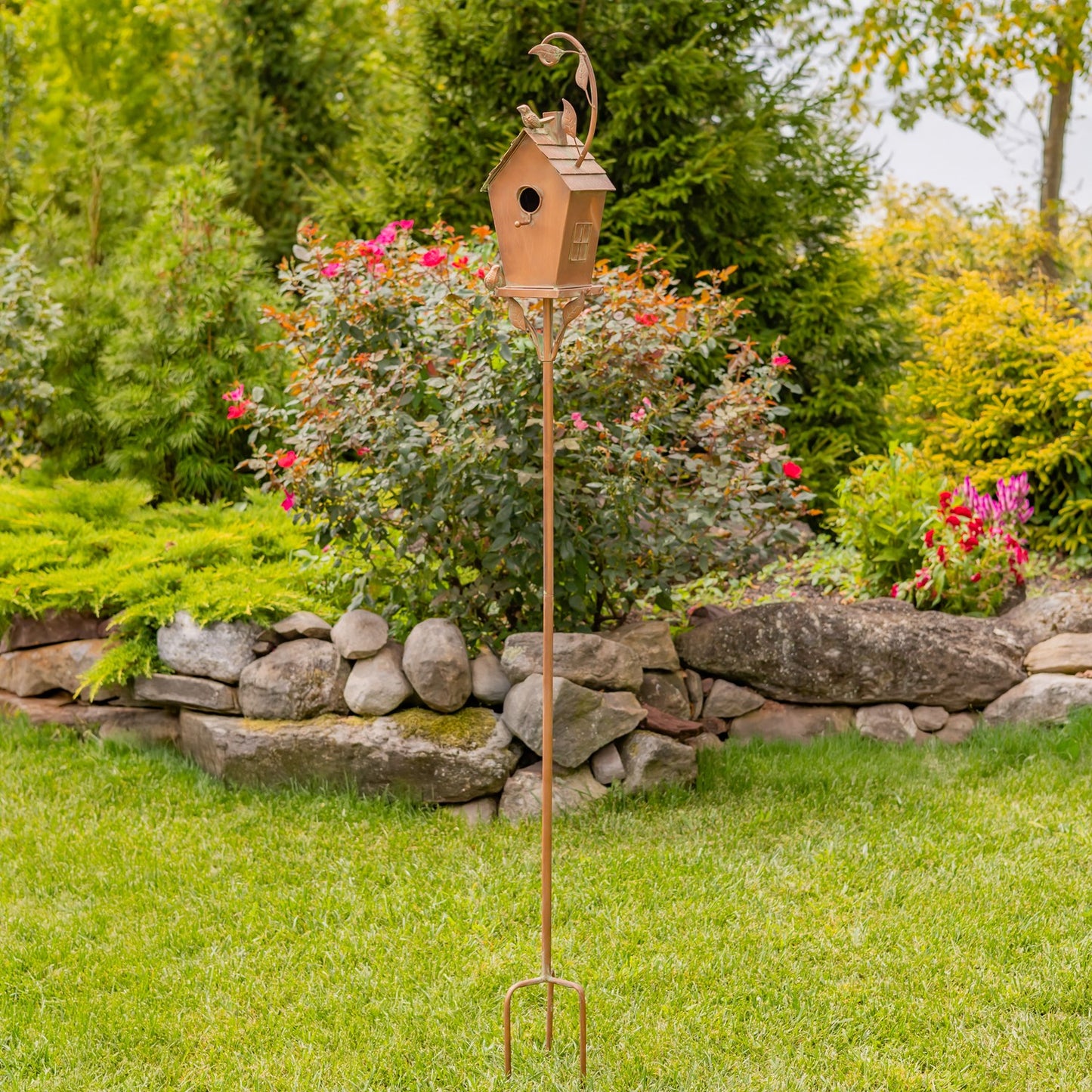 Antique Copper Saran Birdhouse Stake, 69.75" | "Holly"
