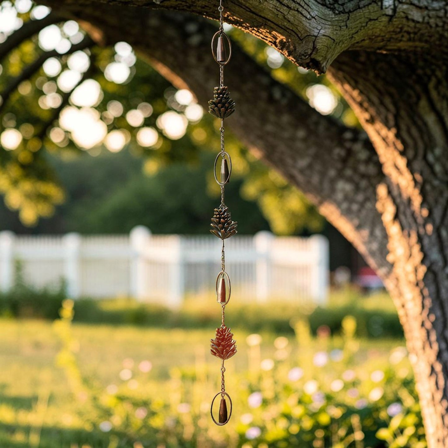 An autumn-themed metal garden wind chime hanging from a tree branch in a sunny backyard. The chime features bronze-colored metal discs, pinecones, and a small leaf ornament.