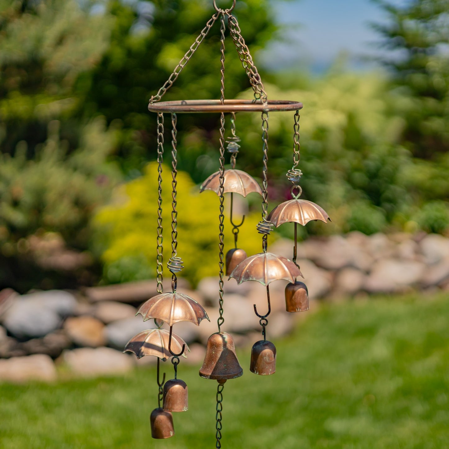 Antique Copper Umbrella Wind Chime with Glass Marbles & Bells, 39.75"