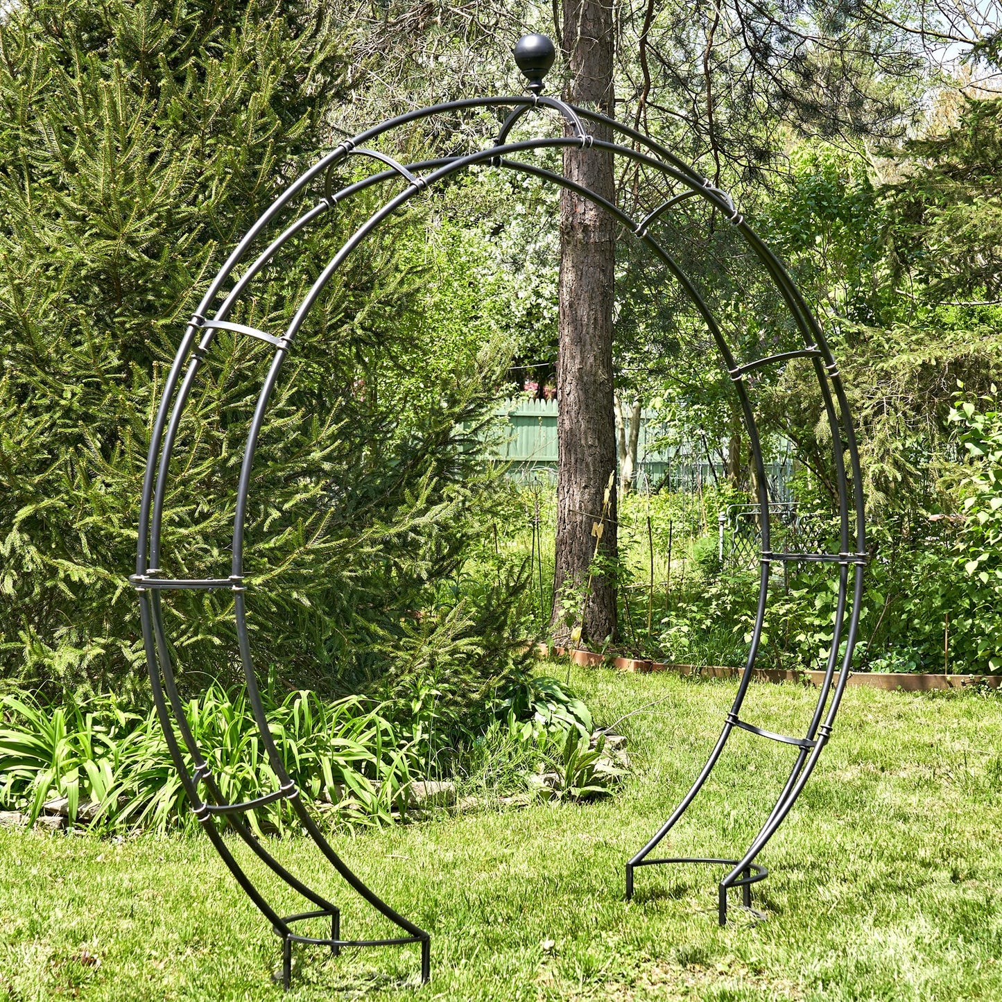 102" Tall Iron Moon Gate with Plant Stands in Antique Black
