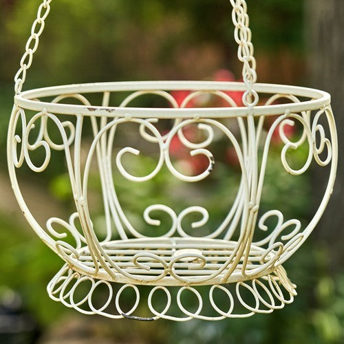 Set of 2 Antique White Hanging Basket Planters "Paris 1968" – Iron Outdoor Flower Baskets