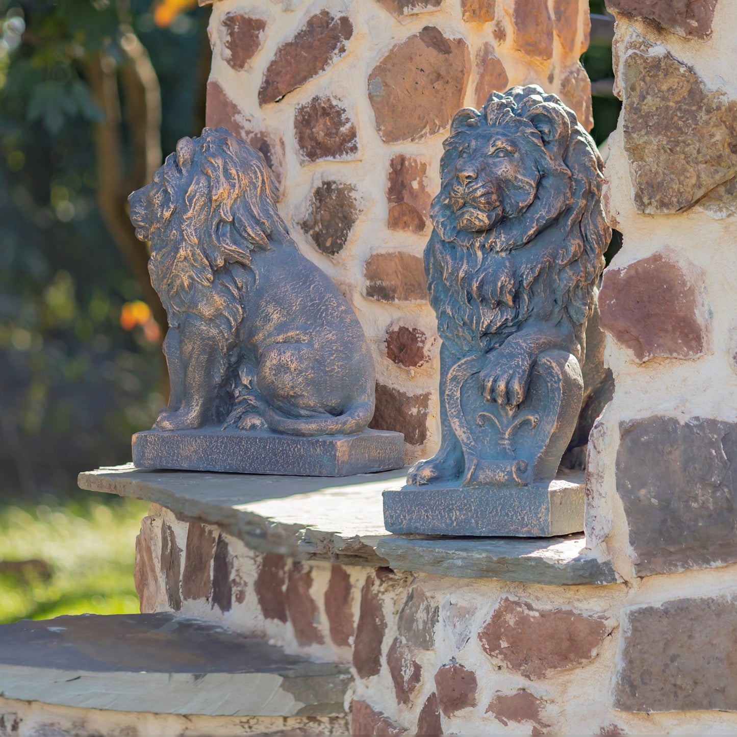 21" Tall Set of 2 Antique Bronze Lion Sentry Statues with Fleur-De-Lis "Harold & Leo"