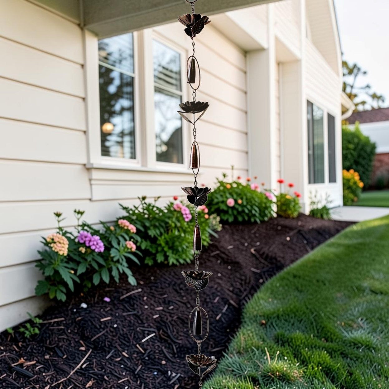 A dark bronze metal rain garden wind spinner hanging from a house exterior, with a landscaped flower bed and green lawn in the background.