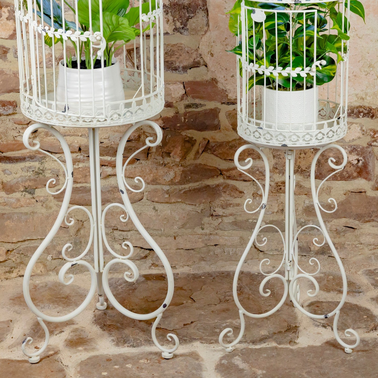 Two white ornate metal plant stands with decorative scrollwork and birdcage-style tops, each holding a green potted plant, set against a rustic brick wall.