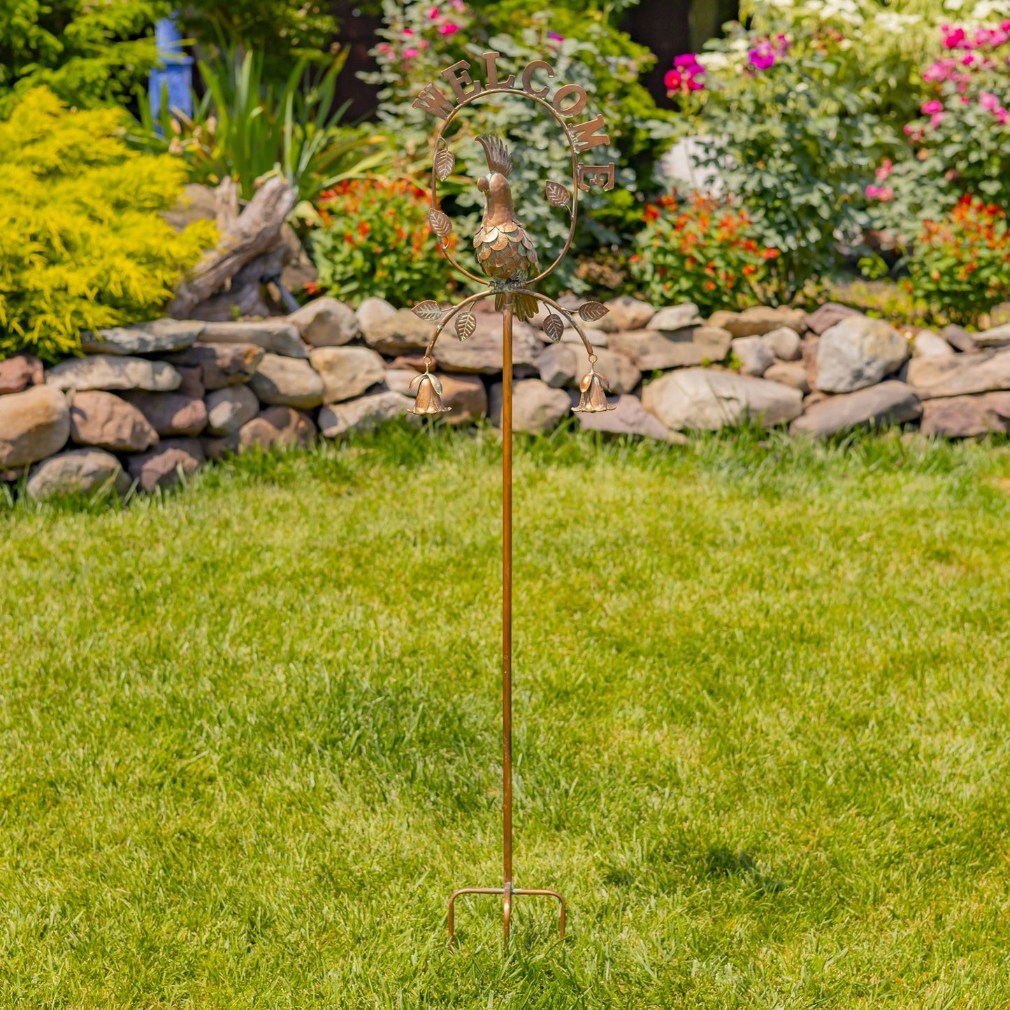 "Welcome" Garden Stake with Cockatoo & Dangling Bells, 54.5"