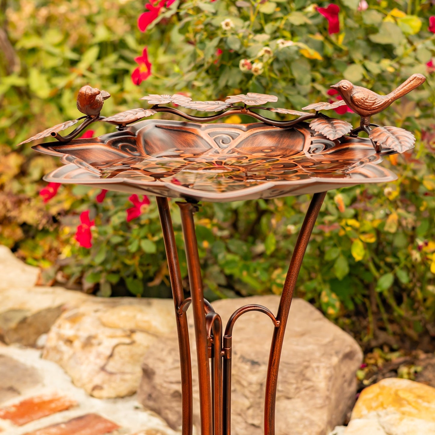 28" Tall Mandala-Shaped Birdbath and Trifold Stand in Antique Bronze "Zina"