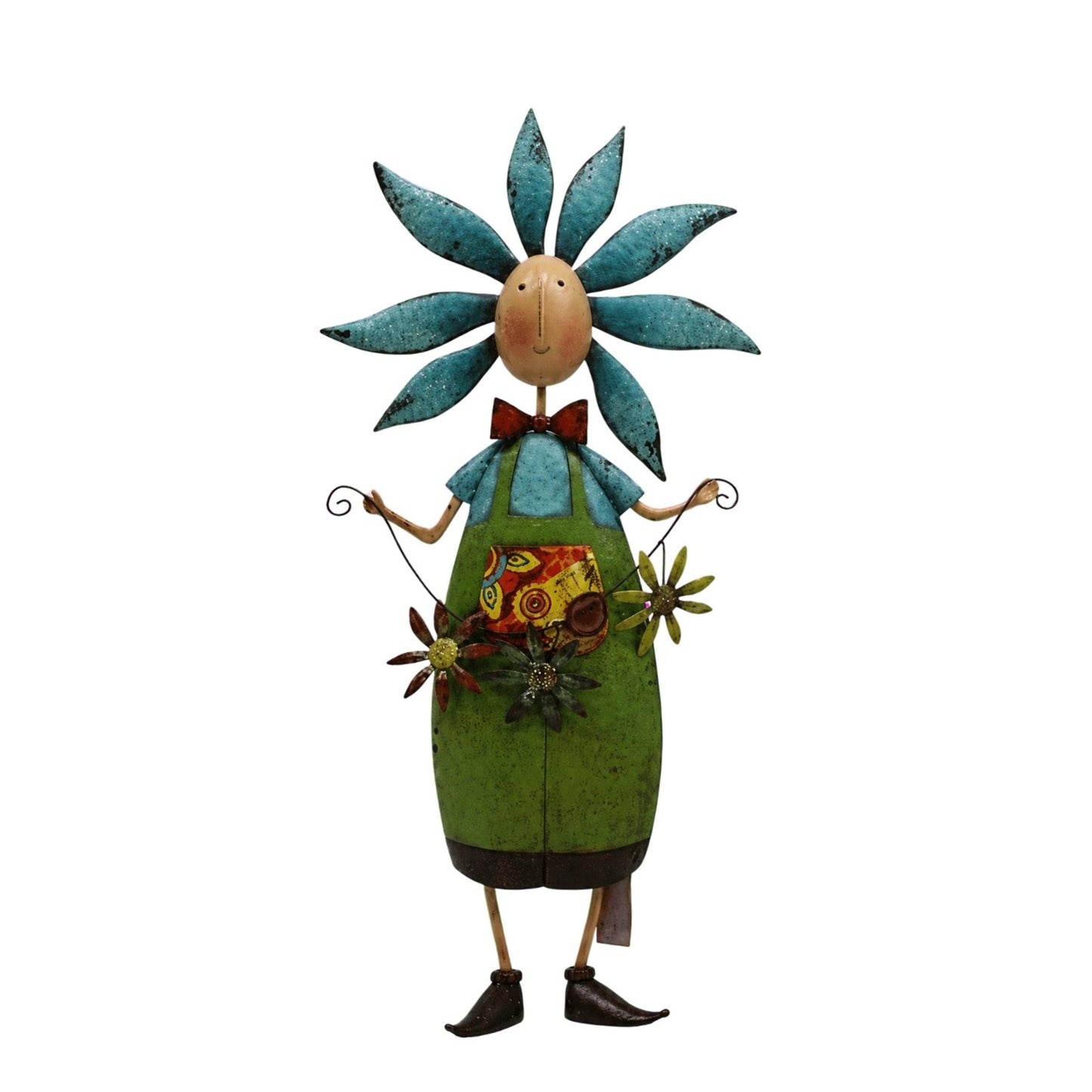 A whimsical metal garden gnome figurine with a blue flower head, green apron, and brown bow tie, set against a plain white background.