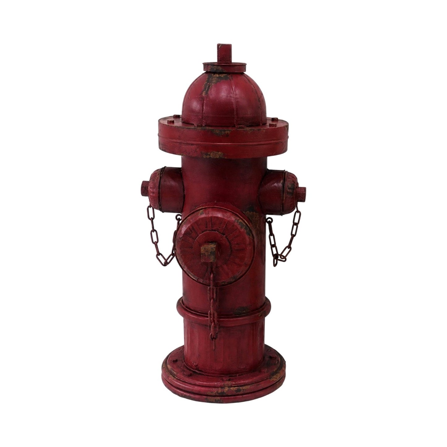 A distressed red fire hydrant with weathered paint showing brown rust-like aging, isolated on a white background.
