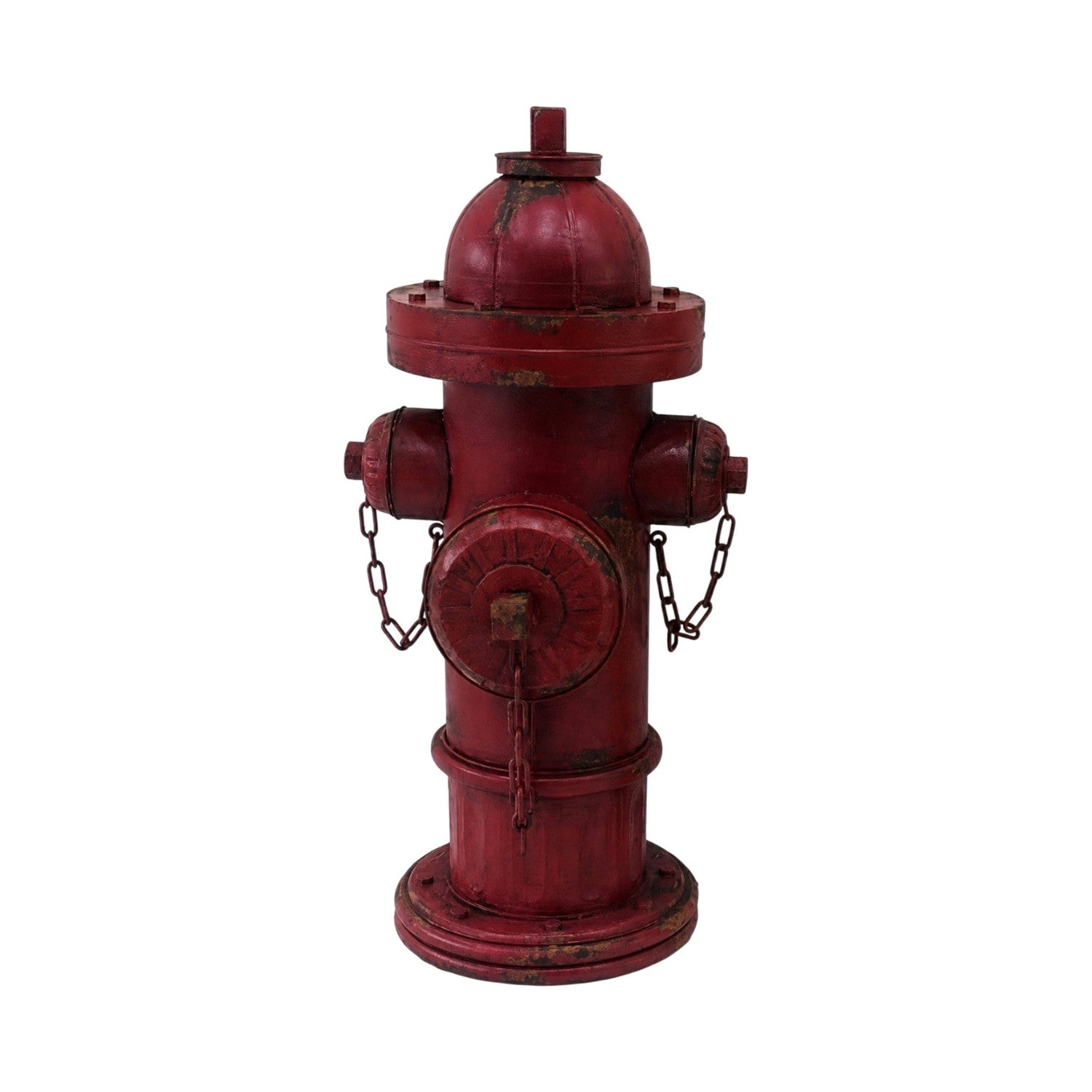 A distressed red fire hydrant with weathered paint showing brown rust-like aging, isolated on a white background.