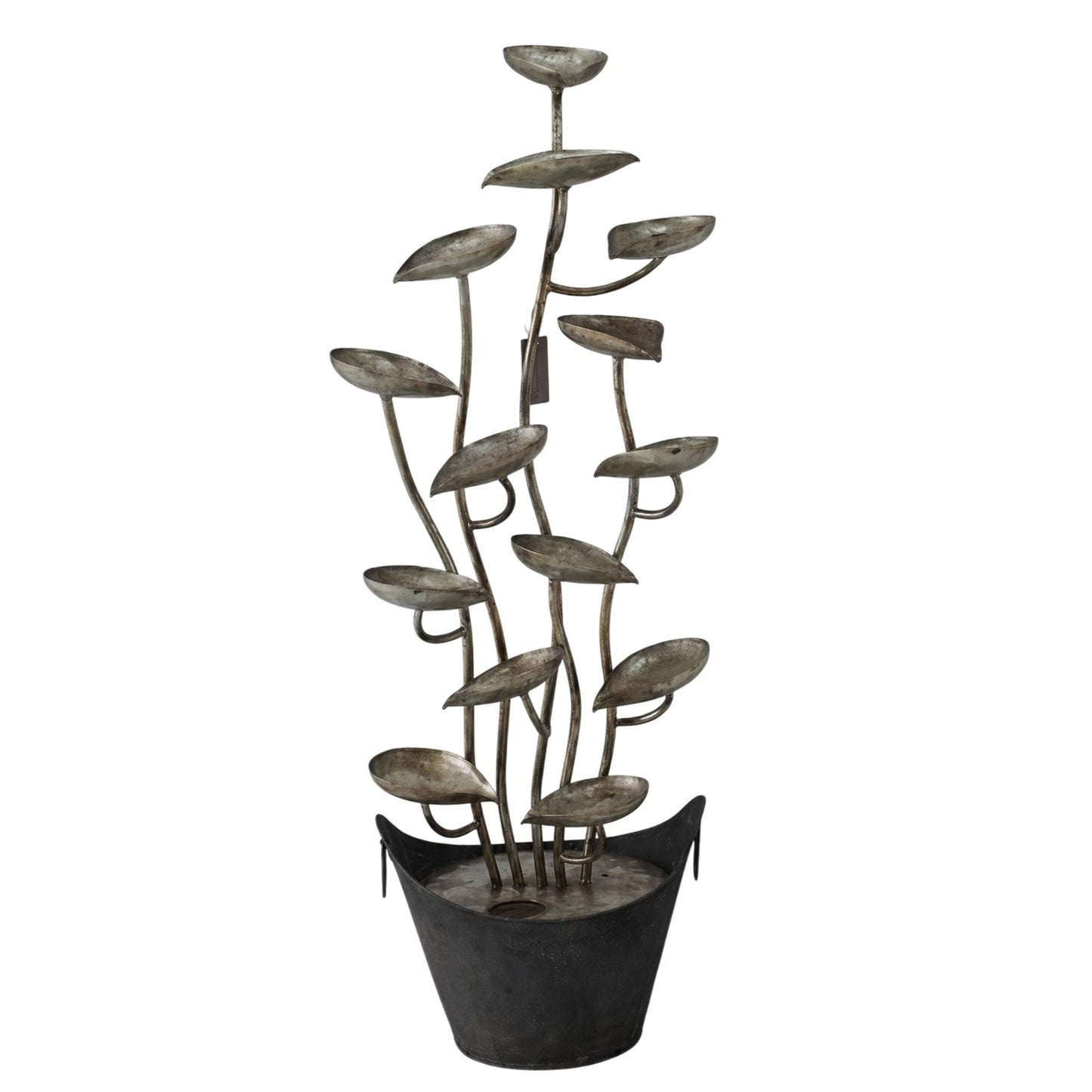 Metallic leaf-shaped fountain sculpture with multiple tiers of leaf-shaped spouts and a dark metal bucket-style base, shown against a plain white background.