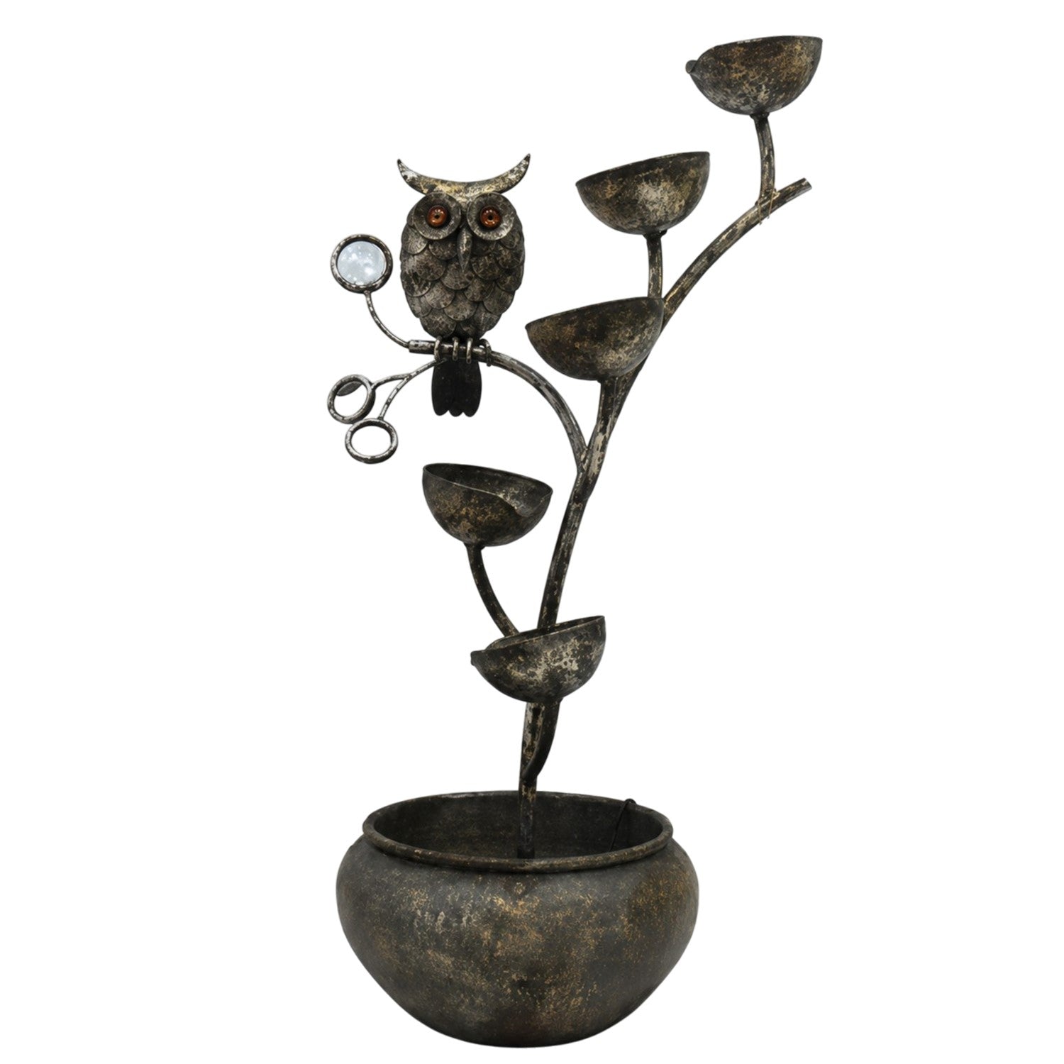 Metal owl candle holder sculpture featuring an owl perched on a branch with multiple cup-shaped candle holders and a round bowl base, shown on a plain white background.