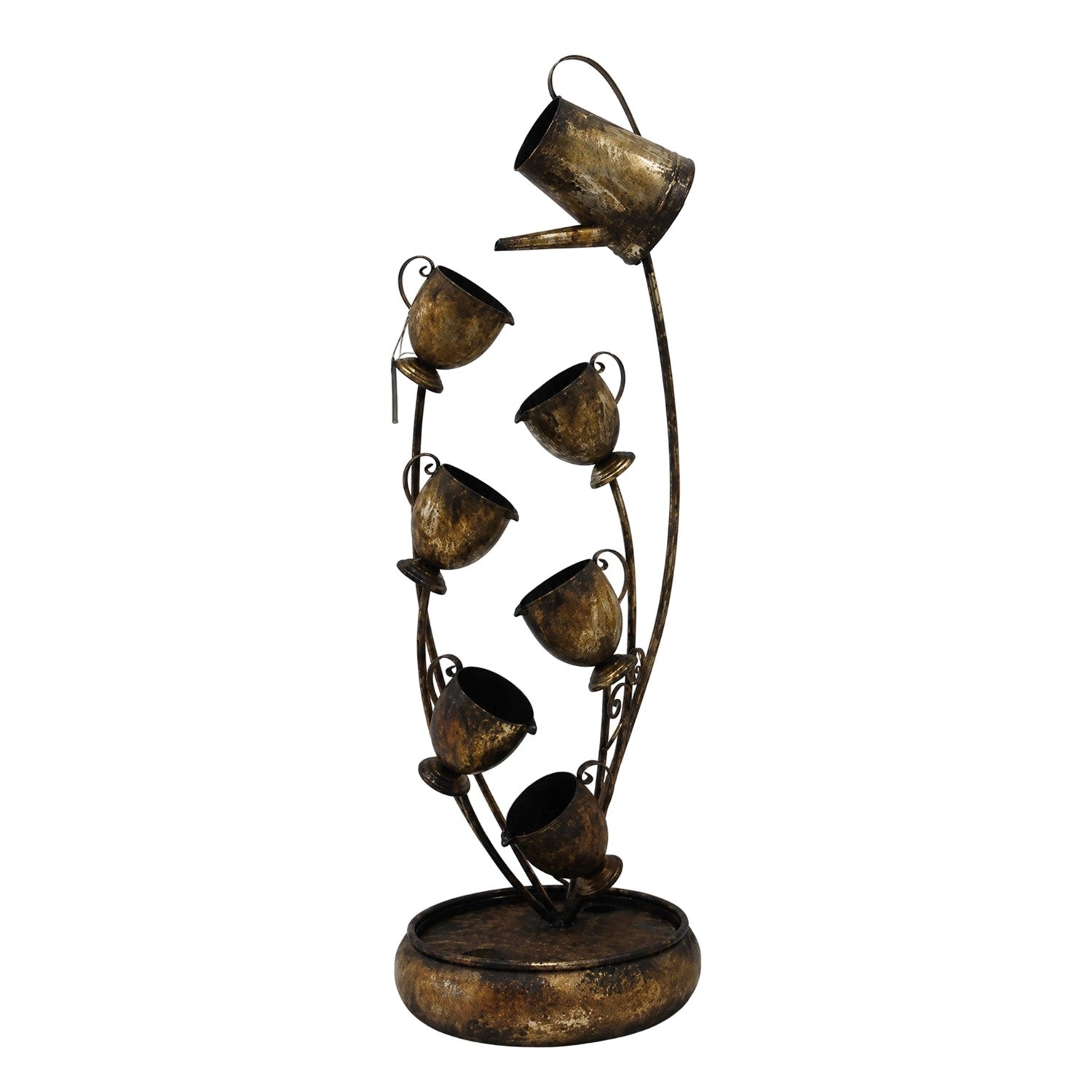 A rustic bronze metal garden water feature sculpture with multiple tiered cups or planters mounted on a curved stem over a round base, shown against a plain white background.