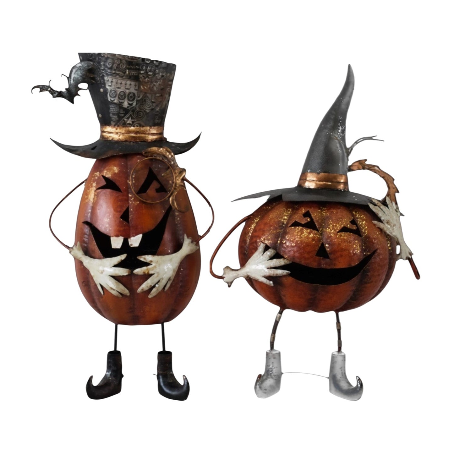 Two Halloween metal pumpkin figurines with carved faces, witch hats, and dangling limbs on a plain white background.