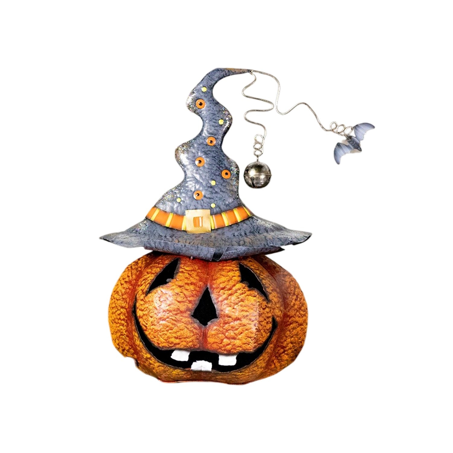 A decorative hanging ornament shaped like a carved orange pumpkin wearing a pointed witch hat. The ornament has a small silver bird hanging from the hat and is shown against a plain white background.