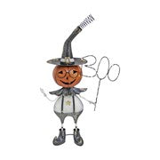 A Halloween-themed metal garden ornament shaped like a jack-o'-lantern wearing a pointed witch hat and gray suit, holding a coiled silver wire staff, shown on a plain white background.