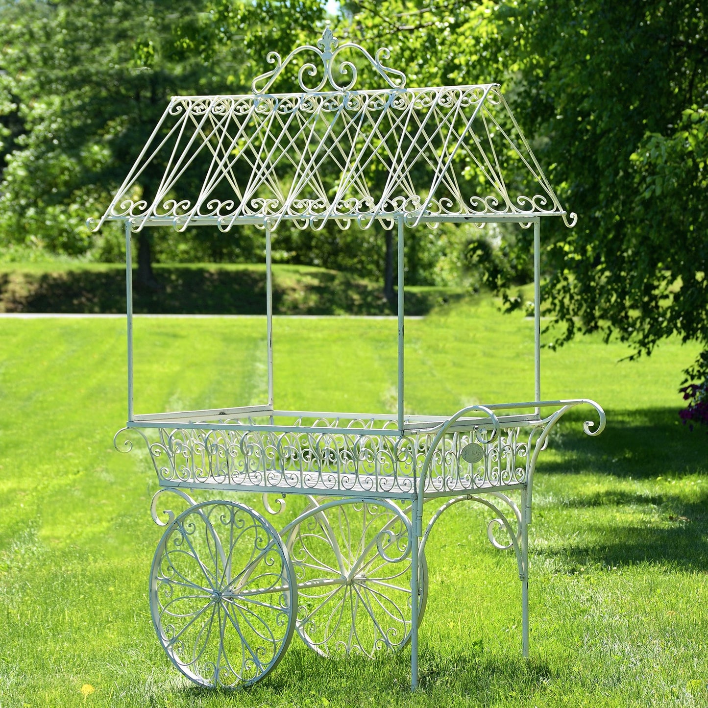 7.9ft. Tall Antique Style Iron Flower Cart in Antique White "Paris 1968"