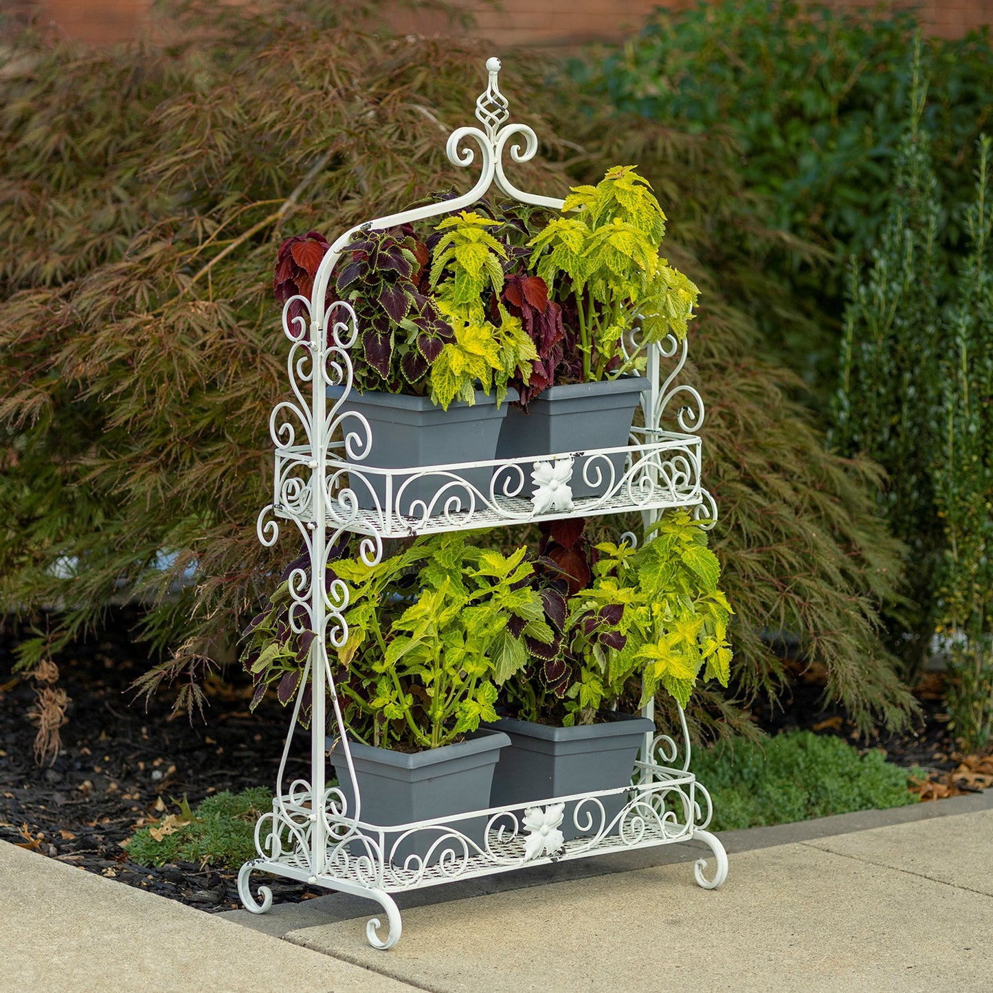 Two-Tier Antique White Metal Plant Stand "Paris 1968" – Decorative Indoor & Outdoor Display Shelf