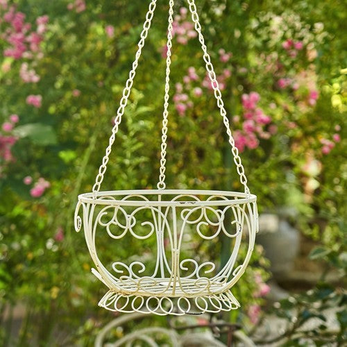 Set of 2 Antique White Hanging Basket Planters "Paris 1968" – Iron Outdoor Flower Baskets