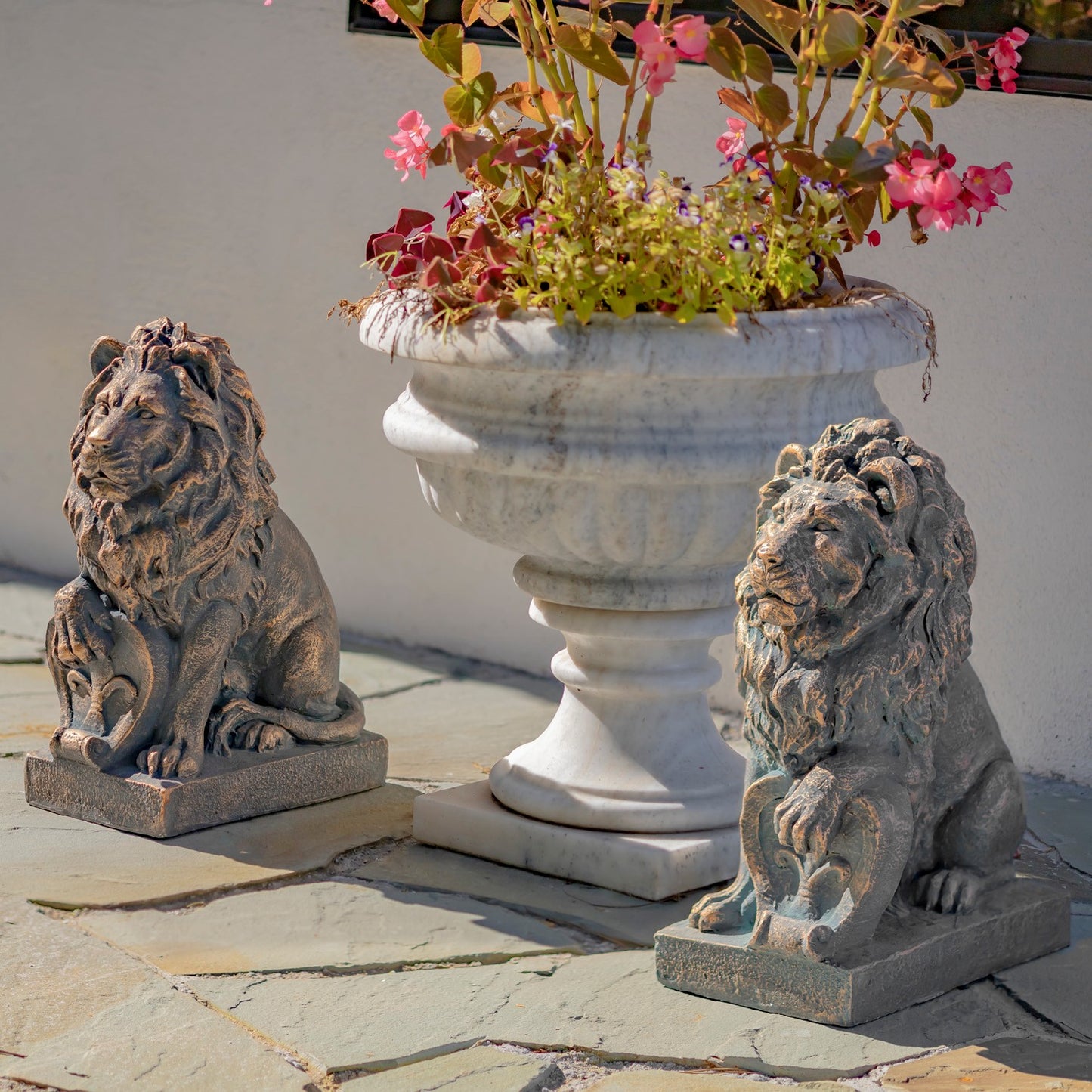 21" Tall Set of 2 Antique Bronze Lion Sentry Statues with Fleur-De-Lis "Harold & Leo"