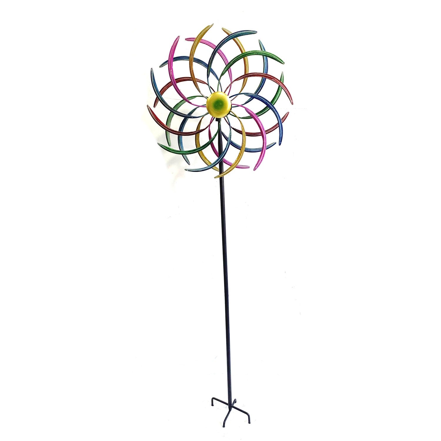 A multicolor metal wind spinner garden stake with a black pole and stand, set against a plain white background.