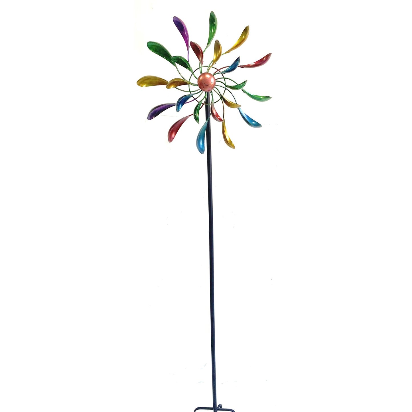 A colorful metal wind spinner garden stake with multiple vibrant, reflective blades in green, yellow, blue, red, and purple, mounted on a long black metal stand against a plain white background.