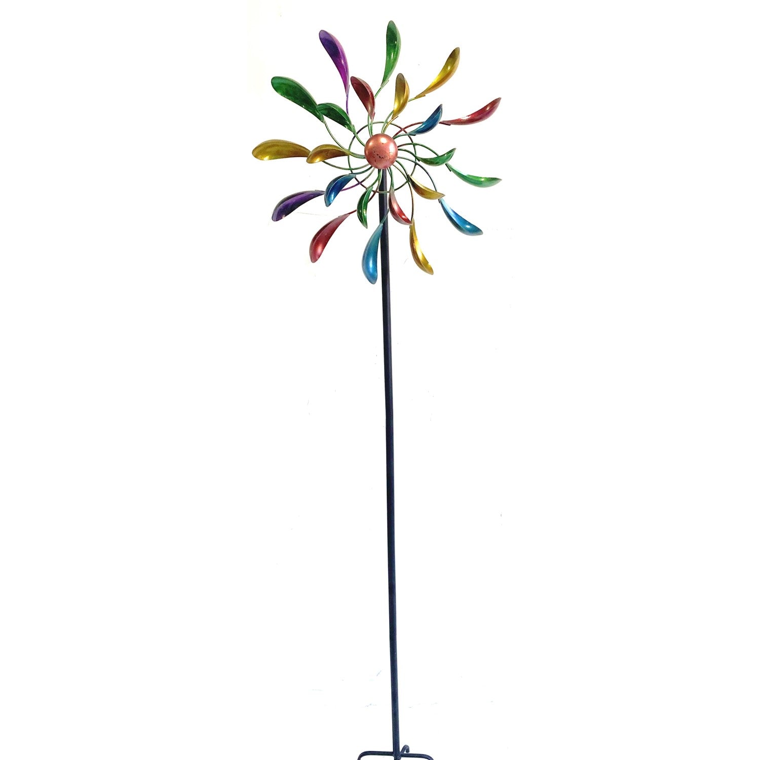 A colorful metal wind spinner garden stake with multiple vibrant, reflective blades in green, yellow, blue, red, and purple, mounted on a long black metal stand against a plain white background.