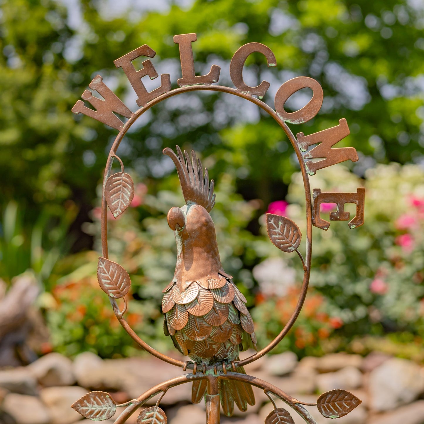 "Welcome" Garden Stake with Cockatoo & Dangling Bells, 54.5"