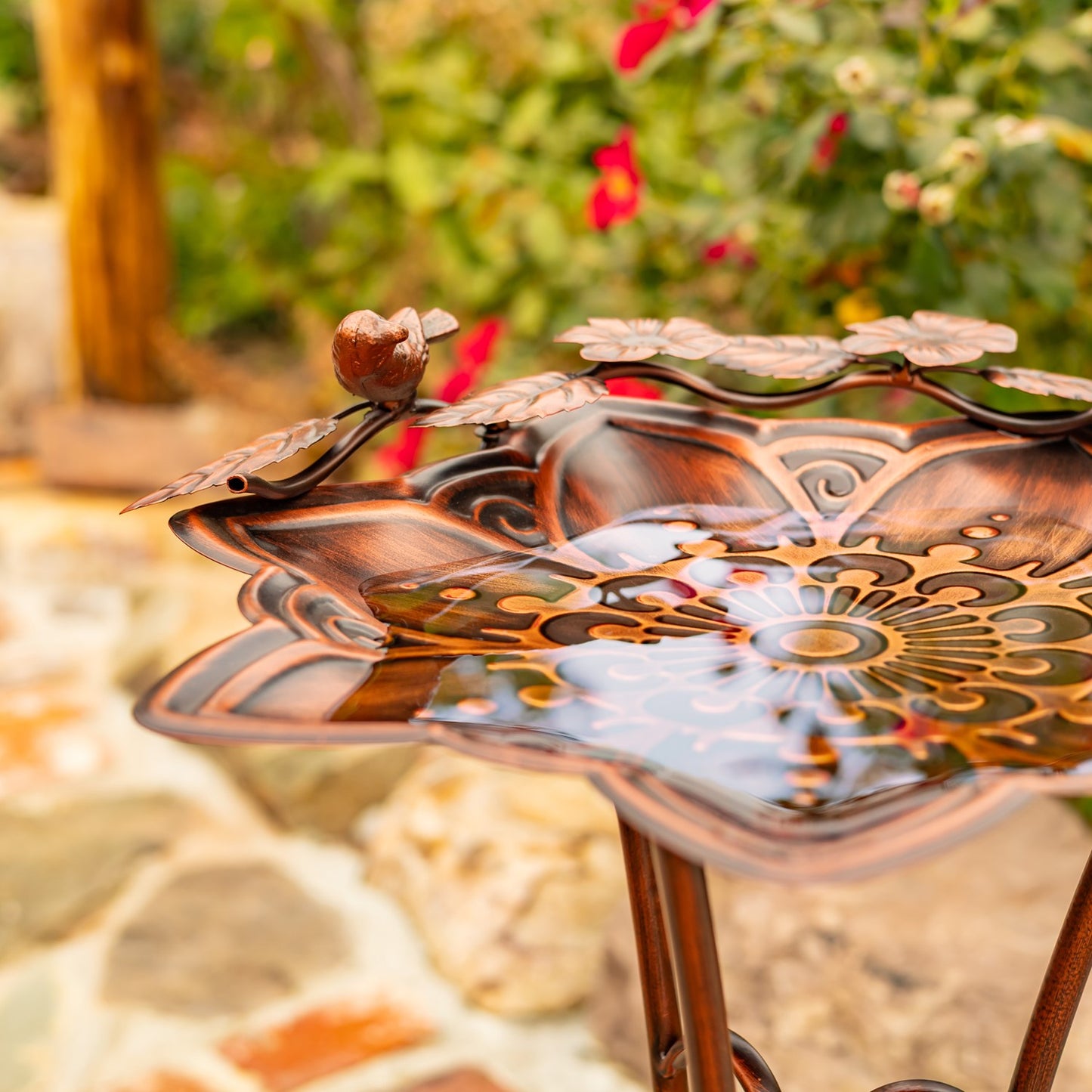 28" Tall Mandala-Shaped Birdbath and Trifold Stand in Antique Bronze "Zina"