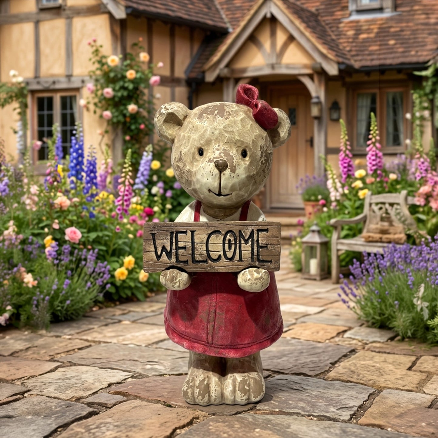 A teddy bear garden statue wearing a red apron and holding a wooden 'WELCOME' sign, set in a stone pathway in front of a traditional English cottage with colorful flowers.