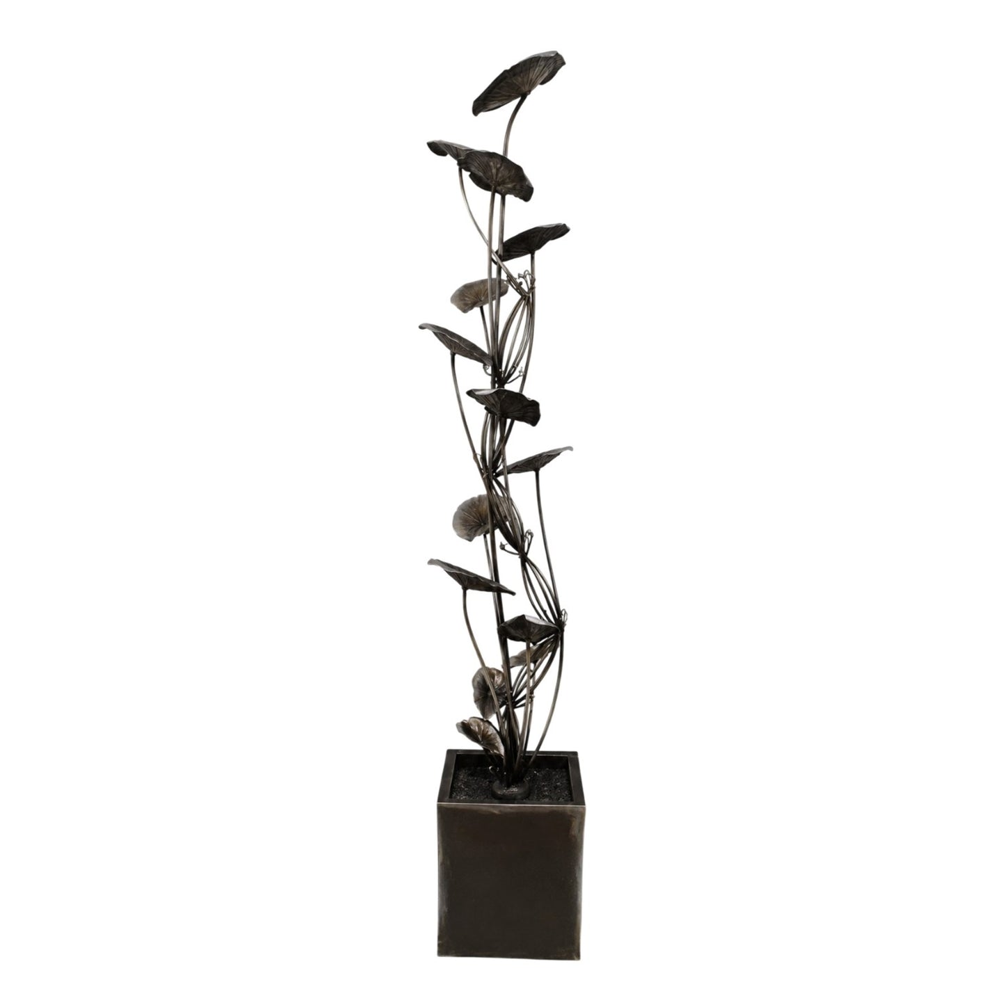 A tall decorative metal sculpture of lotus leaves and stems rising from a square dark planter, photographed against a plain white background.