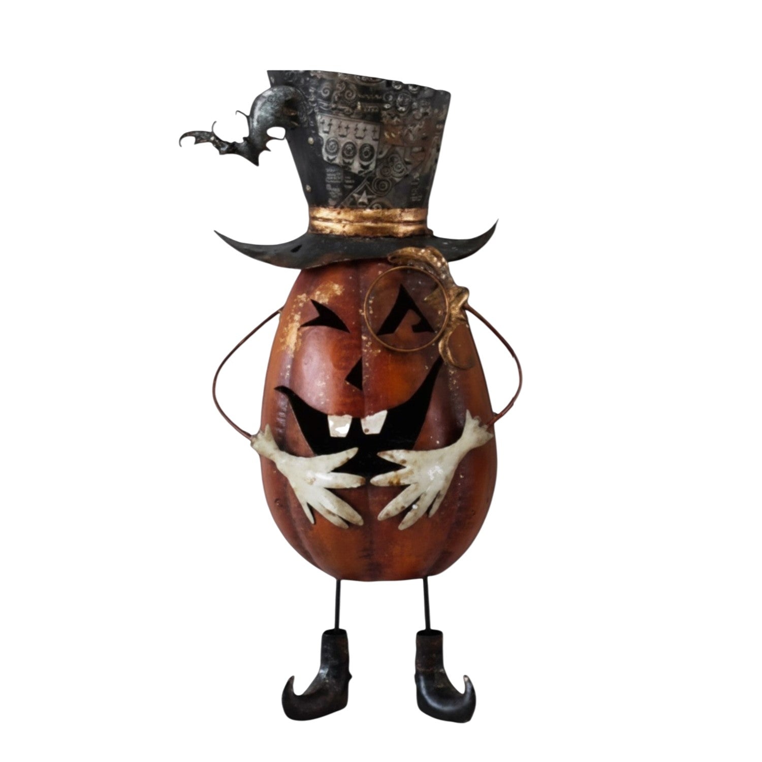 A Halloween metal wall decor sculpture shaped like a jack-o'-lantern pumpkin with a tall top hat, bat detail, and dangling hands, shown on a plain white background.