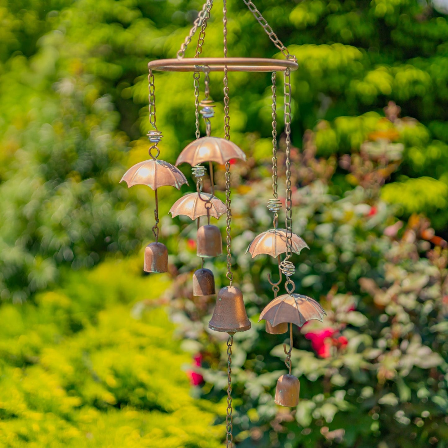Antique Copper Umbrella Wind Chime with Glass Marbles & Bells, 39.75"