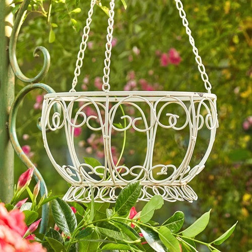 Set of 2 Antique White Hanging Basket Planters "Paris 1968" – Iron Outdoor Flower Baskets