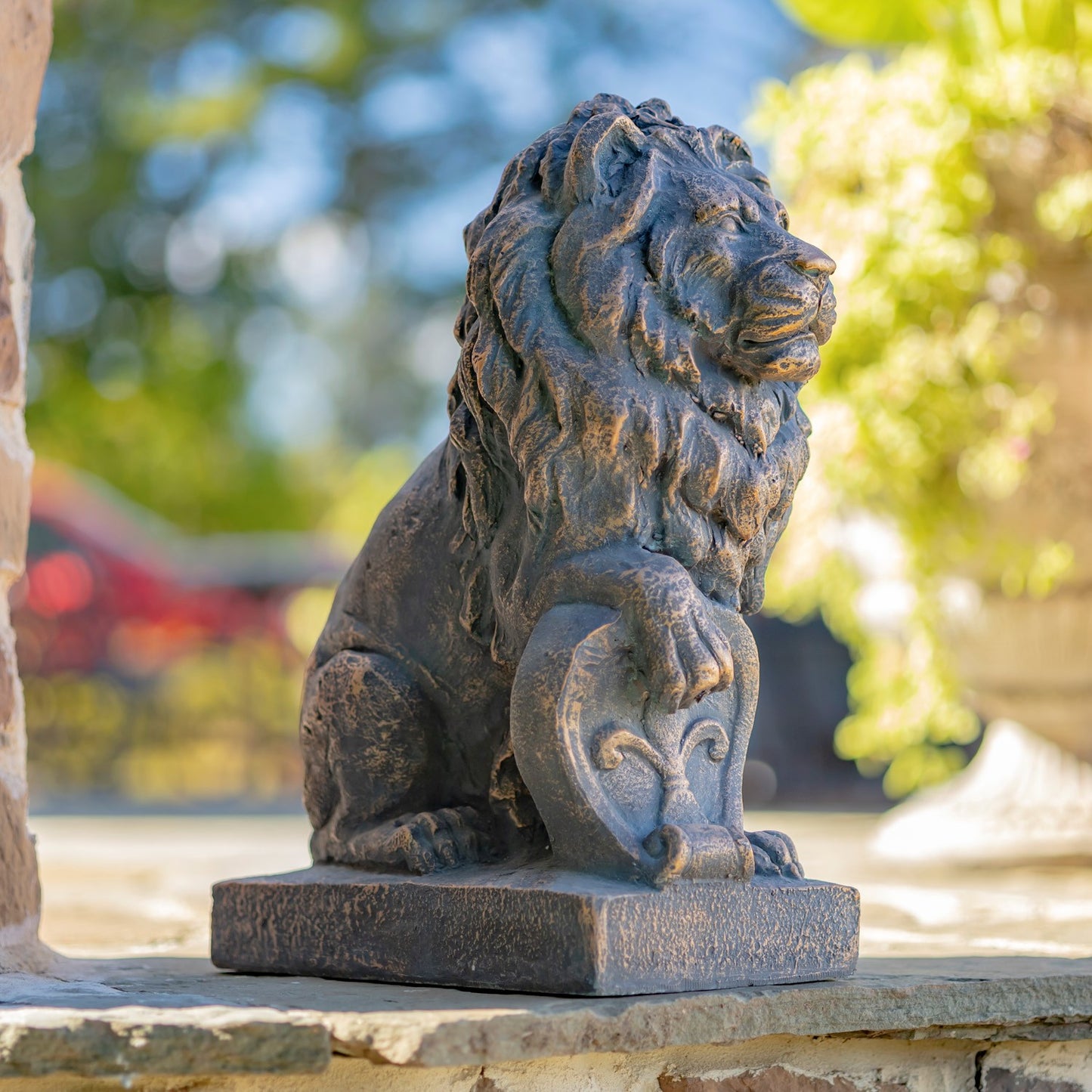 21" Tall Set of 2 Antique Bronze Lion Sentry Statues with Fleur-De-Lis "Harold & Leo"