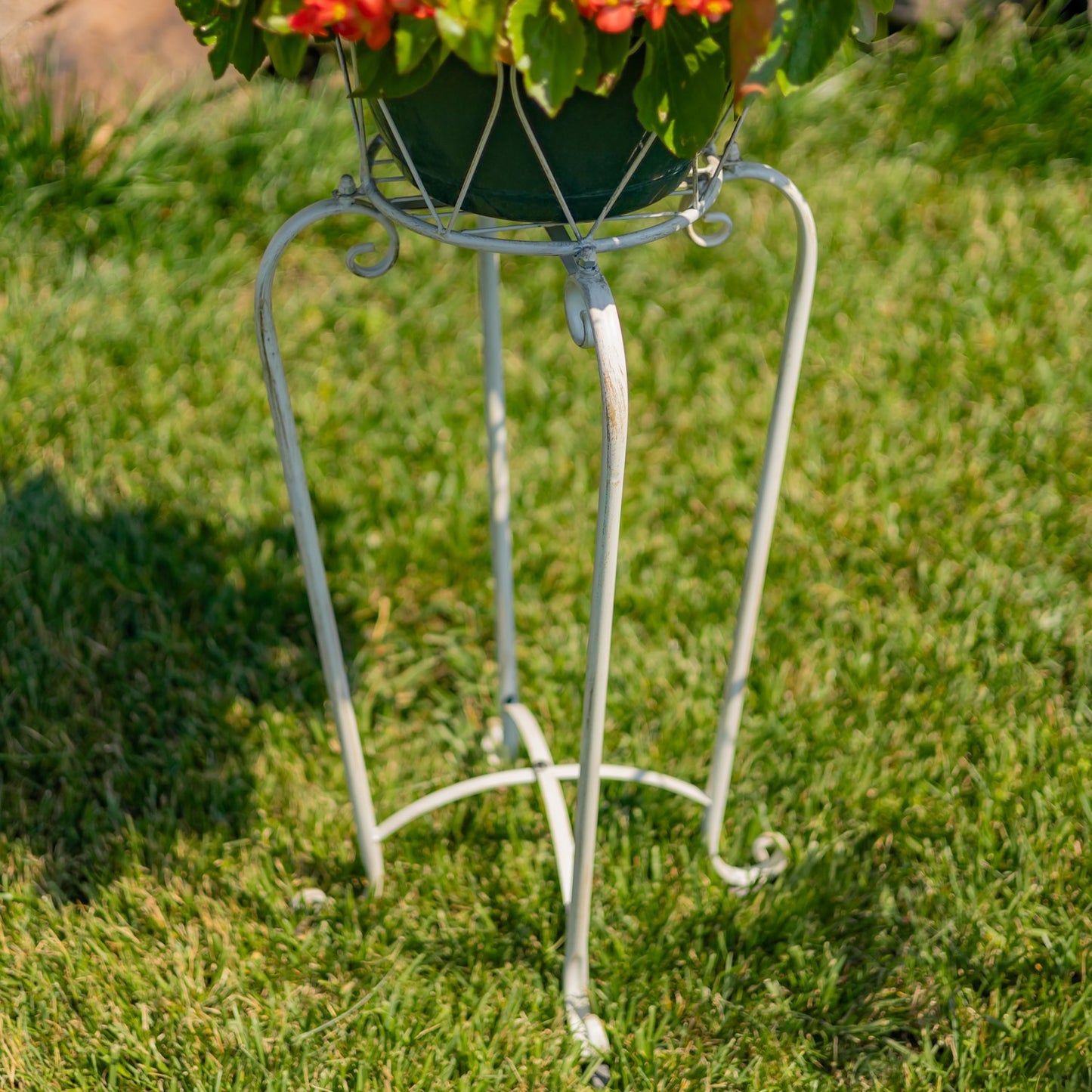 A white metal plant stand holding a green hanging planter with red flowers, set outdoors on a green grass lawn.