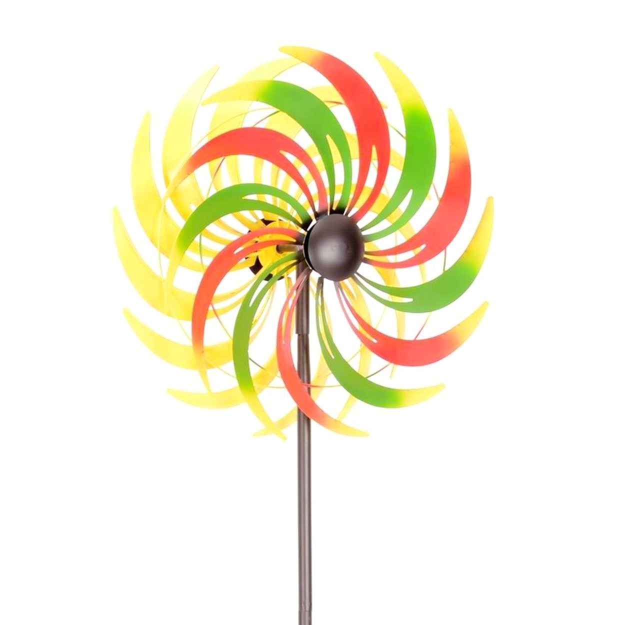 A colorful metal garden wind spinner with alternating yellow, green, and red curved blades, mounted on a dark metal stake against a plain white background.