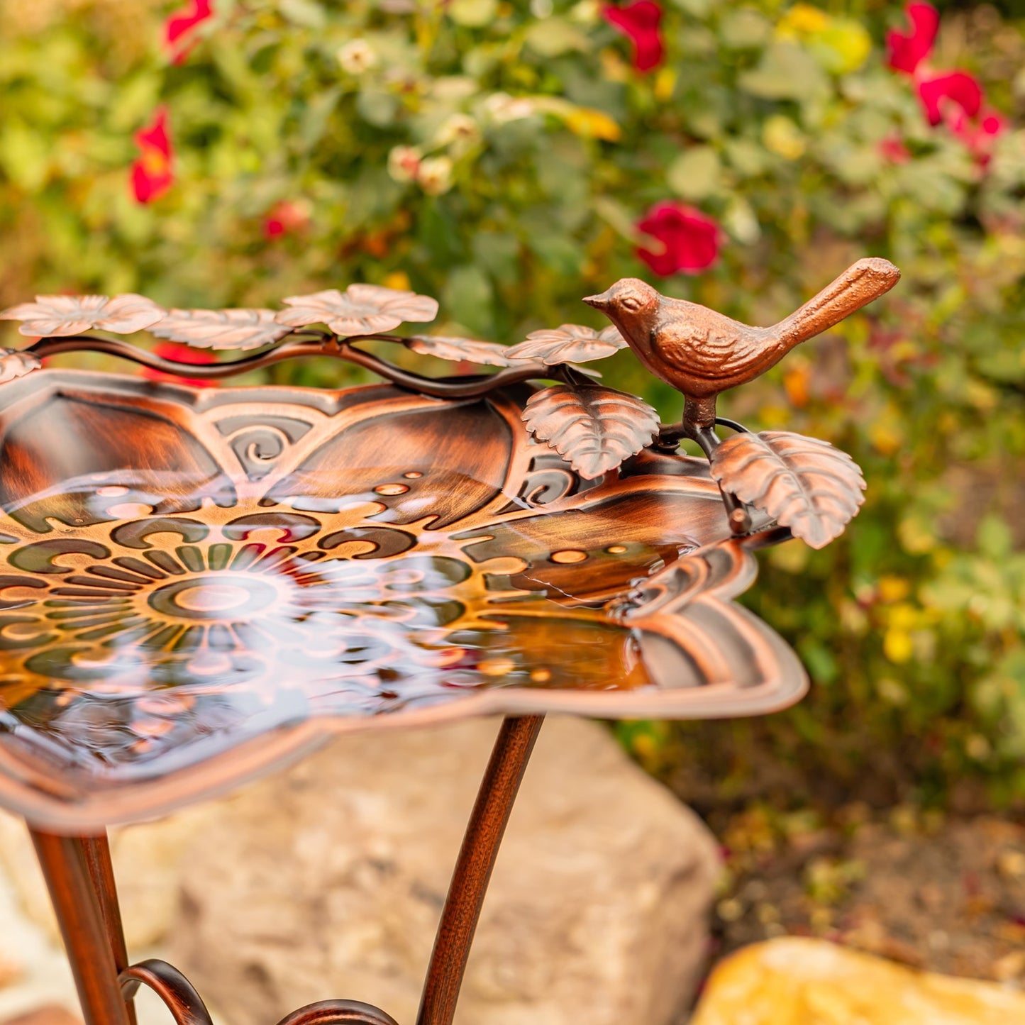 28" Tall Mandala-Shaped Birdbath and Trifold Stand in Antique Bronze "Zina"