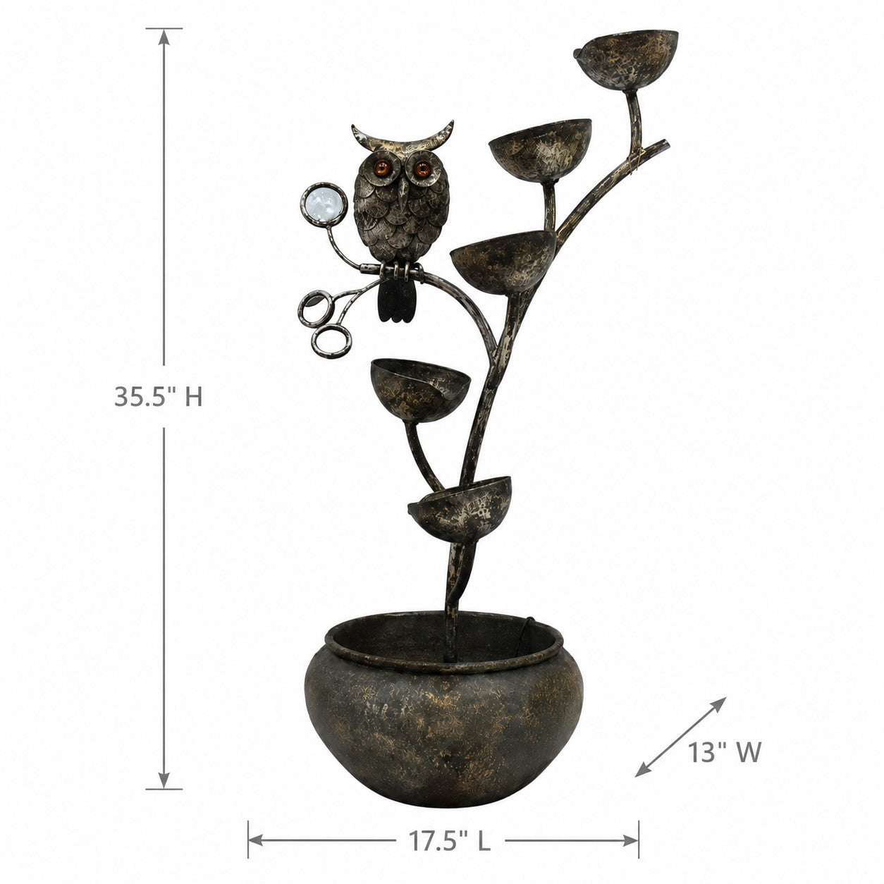 Metal owl perched on a flowering branch sculpture with multiple small bowl-shaped flower heads, shown on a white background with dimension markers indicating 35.5 inches high, 17.