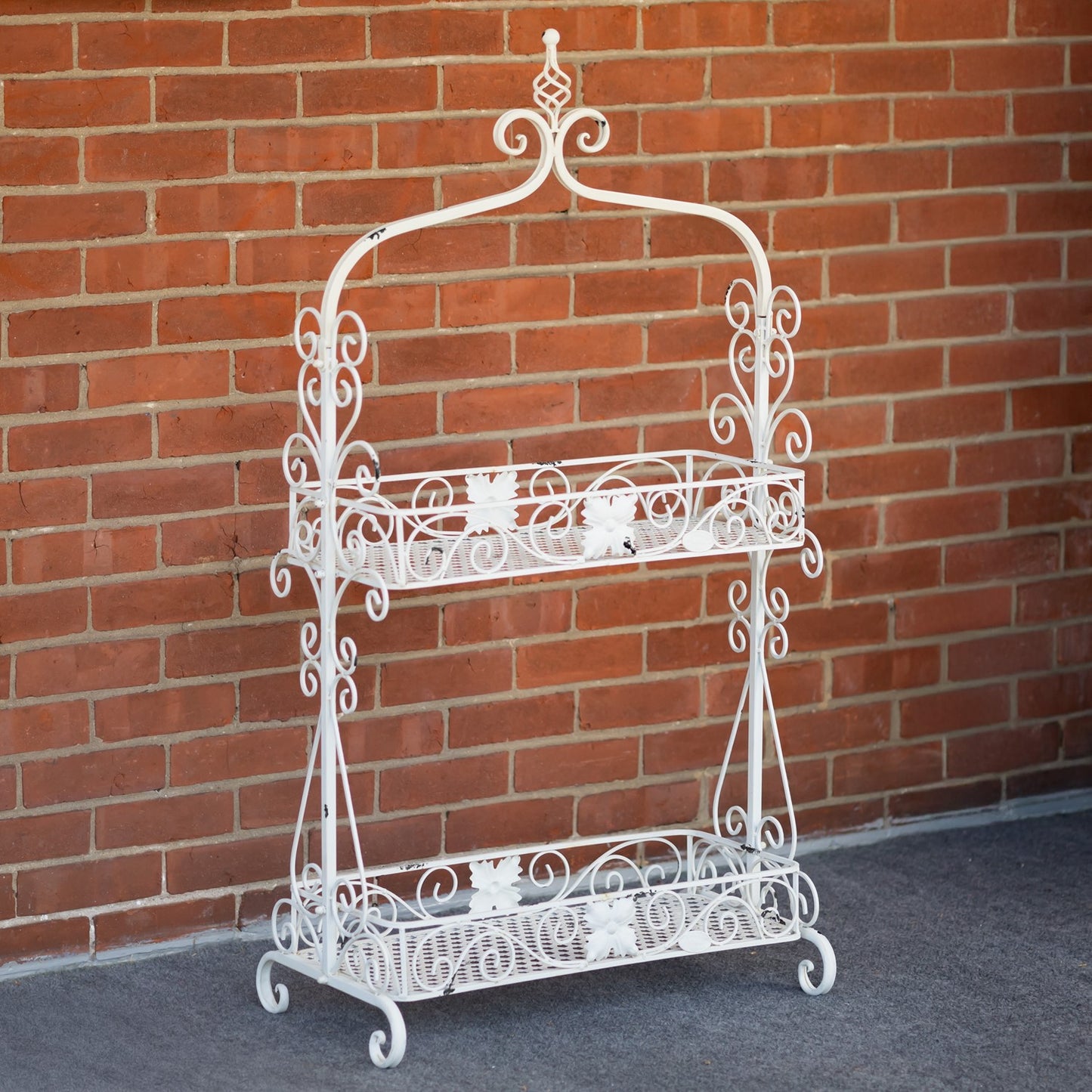 Two-Tier Antique White Metal Plant Stand "Paris 1968" – Decorative Indoor & Outdoor Display Shelf