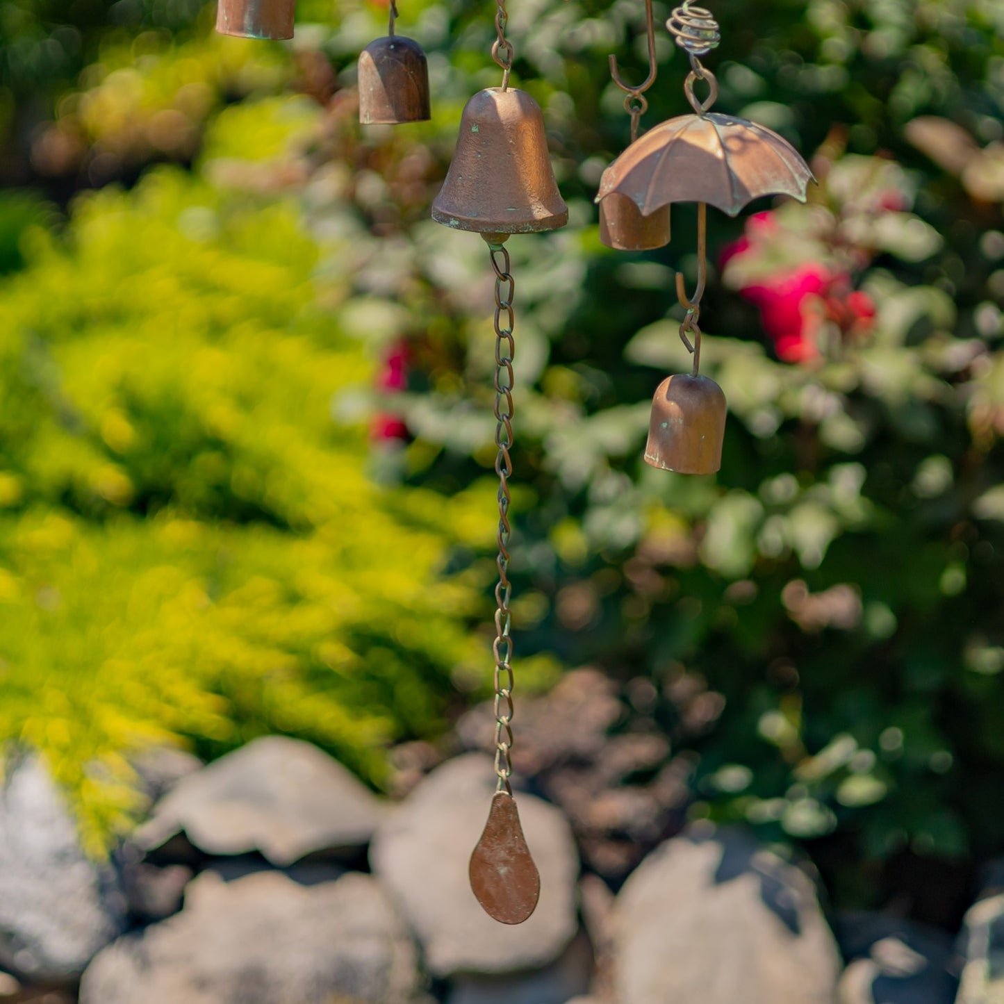 Antique Copper Umbrella Wind Chime with Glass Marbles & Bells, 39.75"