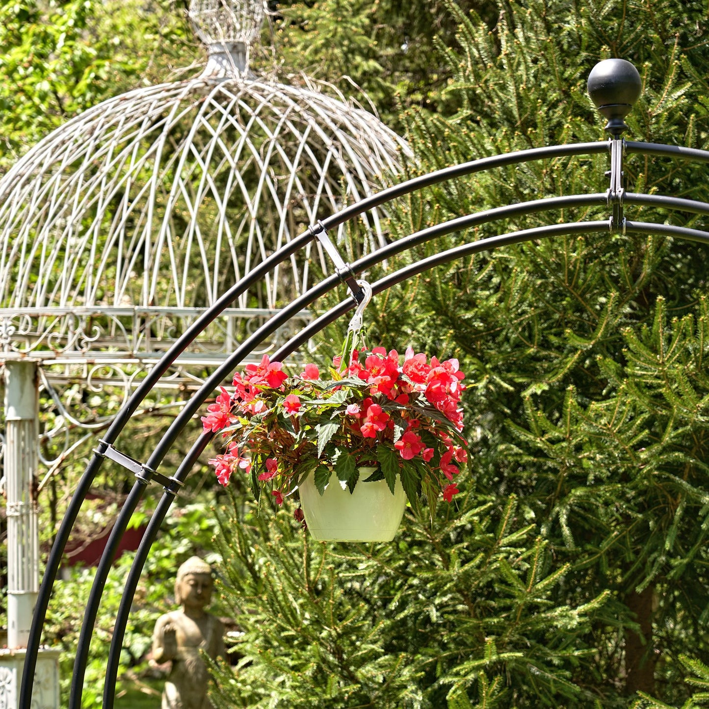 102" Tall Iron Moon Gate with Plant Stands in Antique Black