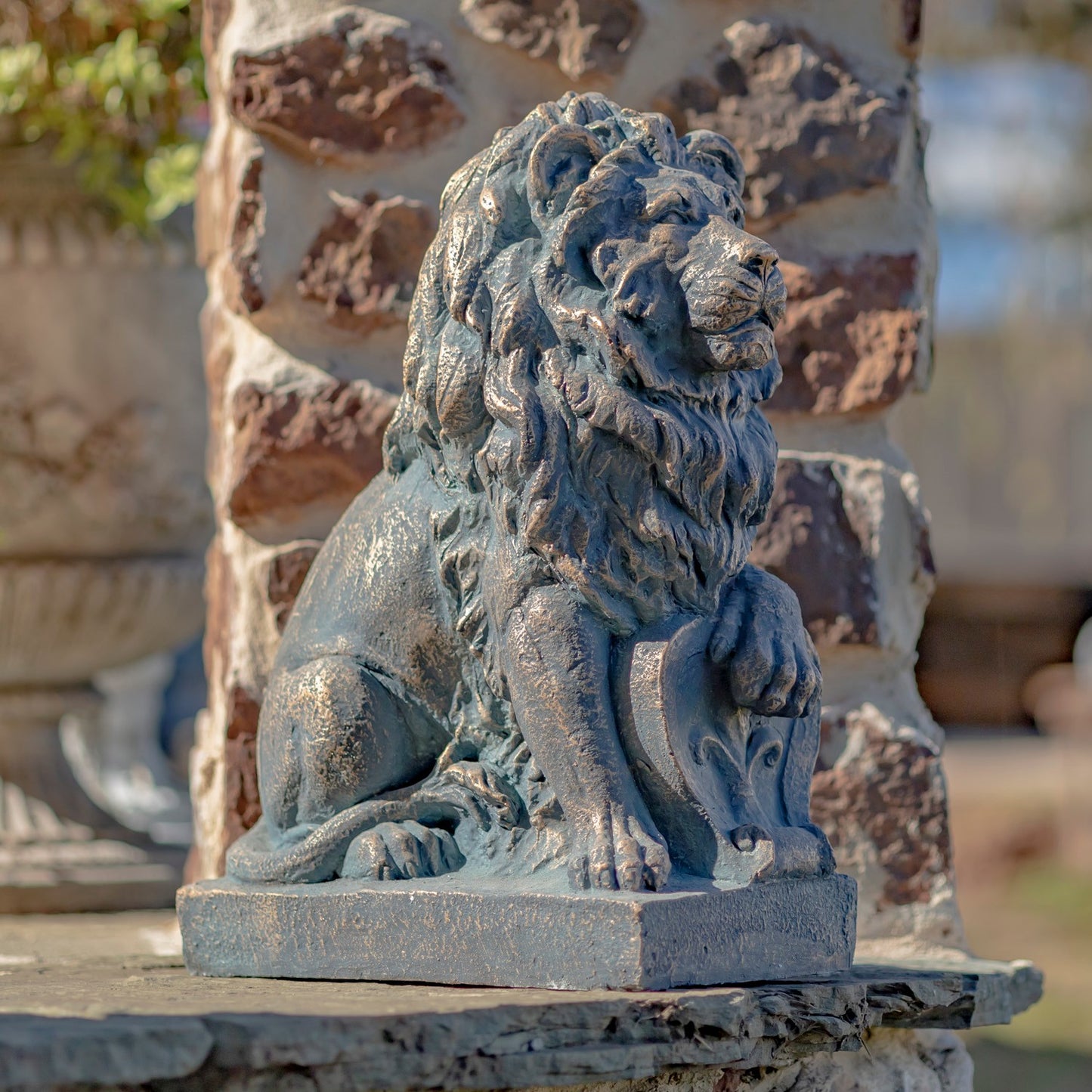 21" Tall Set of 2 Antique Bronze Lion Sentry Statues with Fleur-De-Lis "Harold & Leo"
