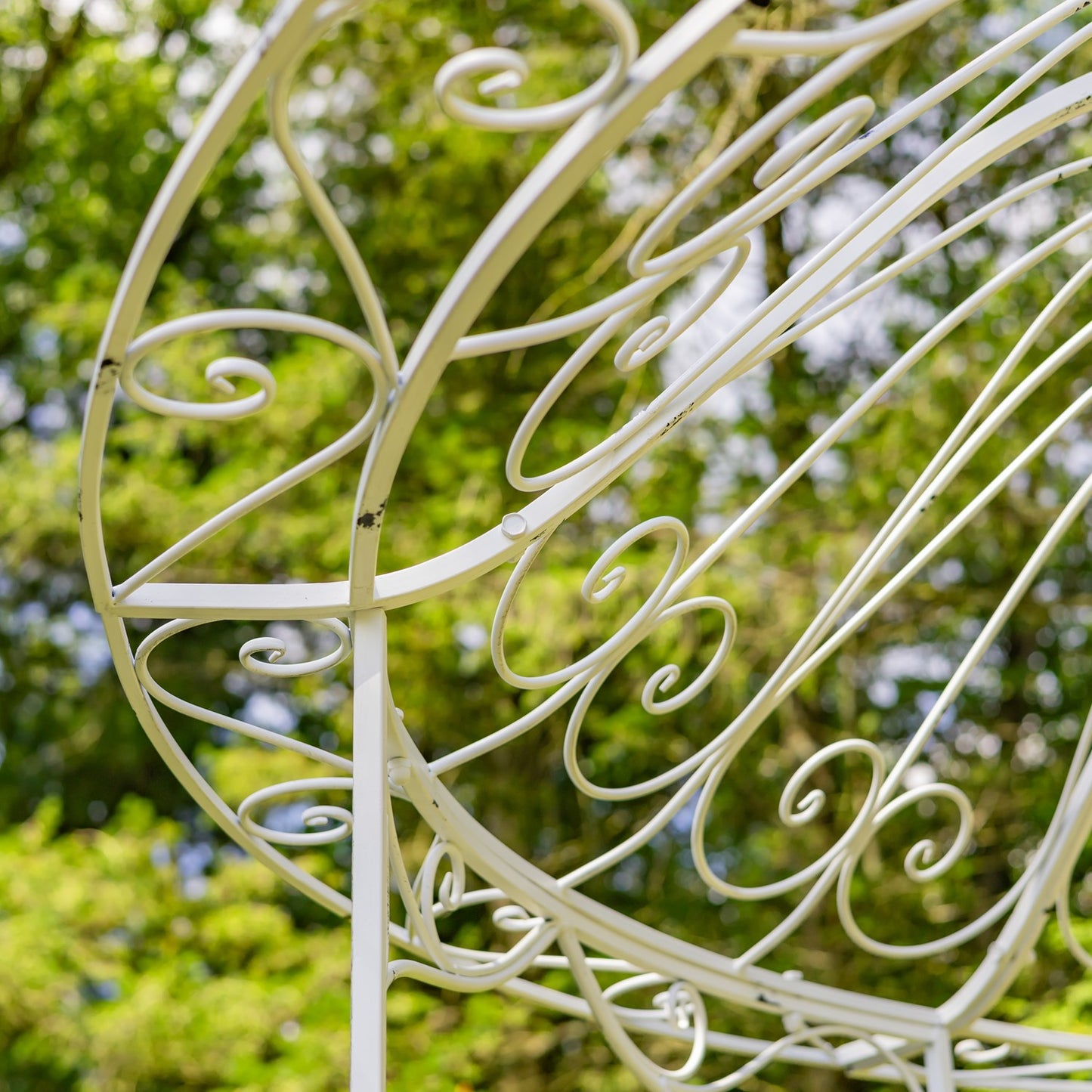 White metal garden trellis with elegant scrollwork and curved arches, photographed outdoors against a blurred green foliage background.