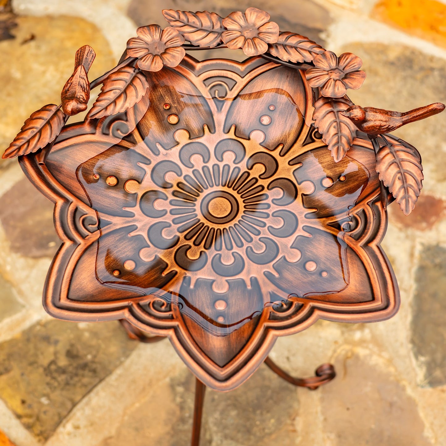 28" Tall Mandala-Shaped Birdbath and Trifold Stand in Antique Bronze "Zina"