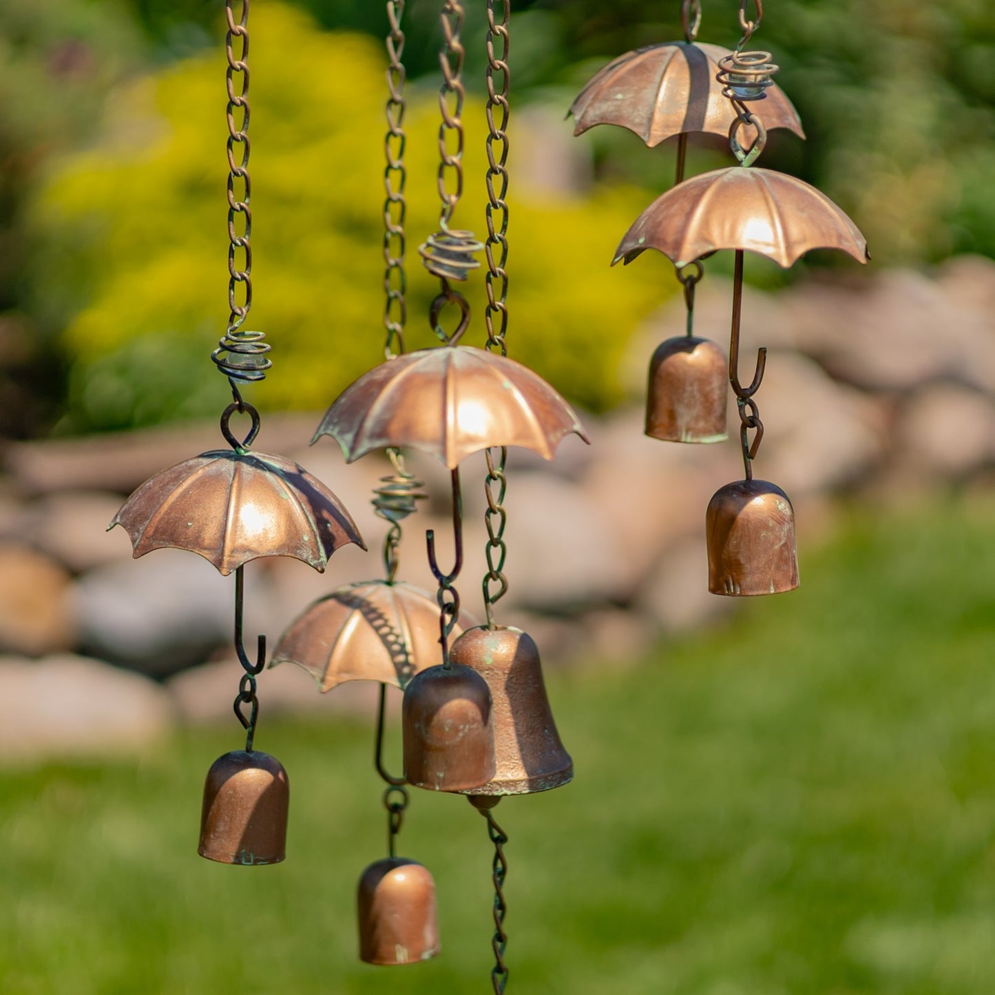 Antique Copper Umbrella Wind Chime with Glass Marbles & Bells, 39.75"