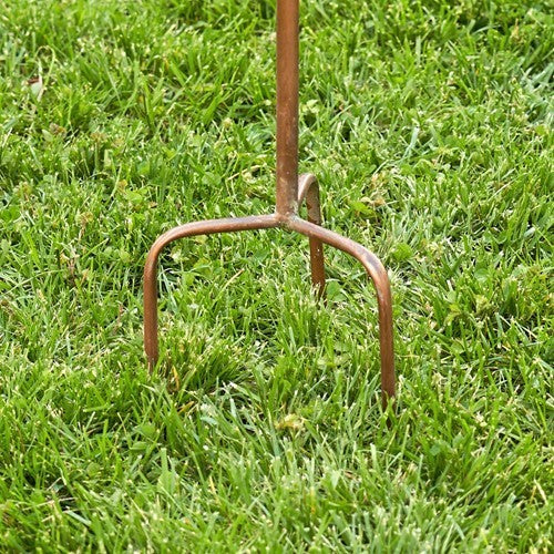 A metal lawn aerator or soil probe with a rusted brown finish, shown standing upright in green grass.